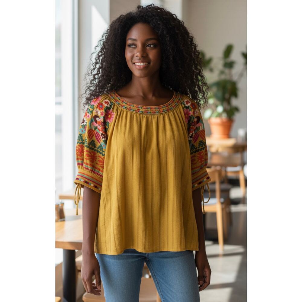 THML Mustard Embroidered Peasant Blouse